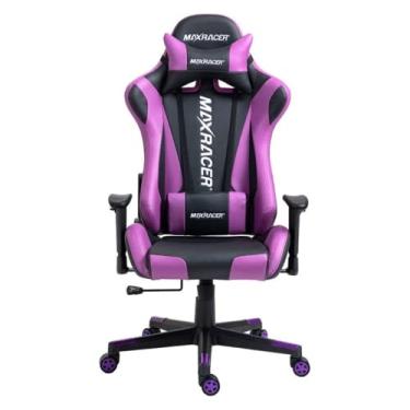 Imagem de MAX RACER - Cadeira Gamer Skilled - Poltronas Gamer de Aço, Cadeira Ergonômica para Jogos - Até 150kg, Giratória, Braços 1D, Tecido Sintético PVC, Inclinação 180°, Almofada Cervical e Lombar - Roxa