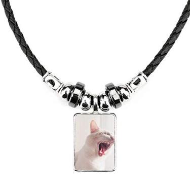 Imagem de DIYthinker Colar com foto de gato feroz branco animal joia Torque pingente de corda de couro
