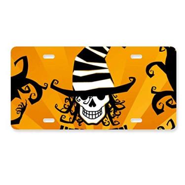 Imagem de DIYthinker Marcador de caveira chapéu de feiticeiro Halloween placa de licença decoração de aço inoxidável automóvel