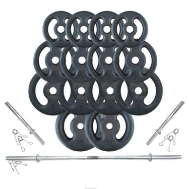 Imagem de KIT ANILHAS 60 KG + 2 BARRAS OCAS 40CM + BARRA MACIÇA 1,80CM-Unissex
