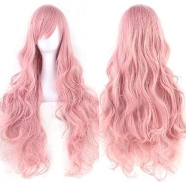 Imagem de IMISSU Peruca cosplay de cabelo natural cacheado longo com franjas coloridas fantasia de Halloween perucas de festa (Pink)