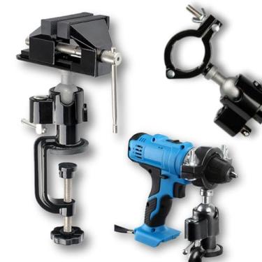 Imagem de Mini Torno Morsa de Bancada 70mm Giratória Com Suporte Base Abraçadeira P/Furadeira Micro Retífica Articulado 360° Multifuncional Abertura de 55mm