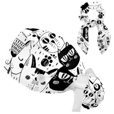 Imagem de Touca de uniforme médico com patinhas pretas brancas gatos cães chapéu de trabalho cobertura de cabelo bandagem elástica chapéu de amarrar nas costas para mulheres, Multicolorido 5, Small-XX-Large