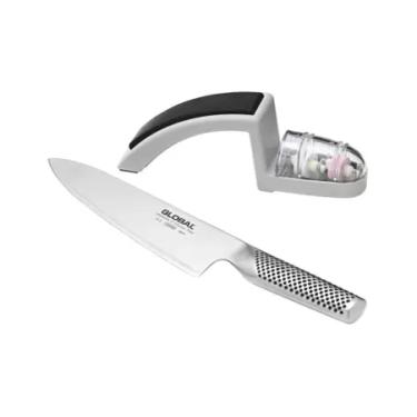 Imagem de Conjunto Faca Chefe e Afiador 2 Estágios Aço Inox 20cm Global