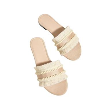 Imagem de OYOANGLE Sandálias femininas de cetim com acabamento de franjas, bico aberto, sandálias deslizantes casuais de verão sandálias elegantes, Damasco, 9.5