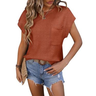 Imagem de Blusa feminina de verão com manga cavada, gola redonda, básica, texturizada, túnica com bolso (caramelo, grande), Caramel, G
