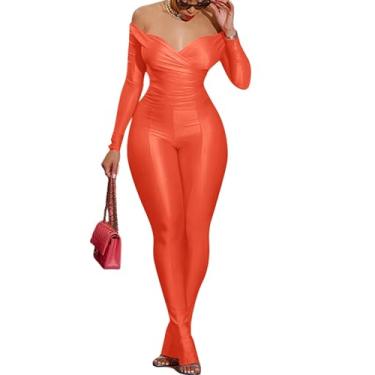 Imagem de ThusFar Conjunto de 2 peças de calça feminina sexy com ombros de fora, decote em V, cintura alta, calça skinny rodada, roupa de clube, Laranja, XX-Large