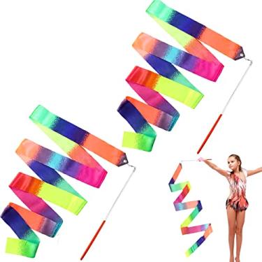 Imagem de 2 varinhas de fita de dança arco-íris para crianças, 78,74 polegadas fita de ginástica rítmica dançarina varinha com vara, fita arco-íris macia girando dança streamers para crianças meninas adultos