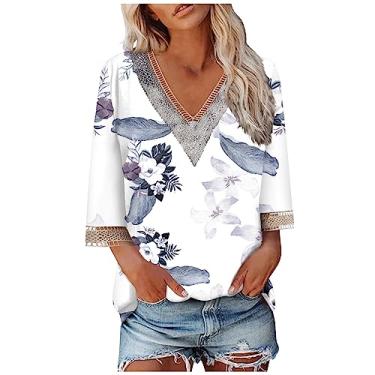 Imagem de Camisetas femininas com manga 3/4 com decote em V floral 2024, camisetas femininas casuais com acabamento em renda, blusas femininas elegantes e casuais, Vermelho 17, 3G