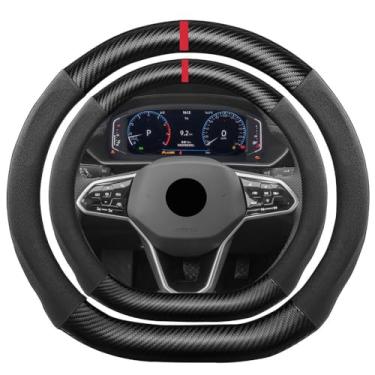 Imagem de K LAKEY Capa de volante de fibra de carbono em camurça em forma de D, compatível com Volkswagen VW Golf Jetta Atlas ID.4 Arteon GTI Beetle Polo fundo plano camurça couro esportivo antiderrapante