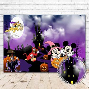 Imagem de YouRan Pano de fundo para chá de bebê, tema de Halloween, 19 x 12 cm, abóbora, Mickey e Minnie Mouse, pano de fundo de casa assombrada Mickey e seu amigo, tema de Halloween para aniversário de