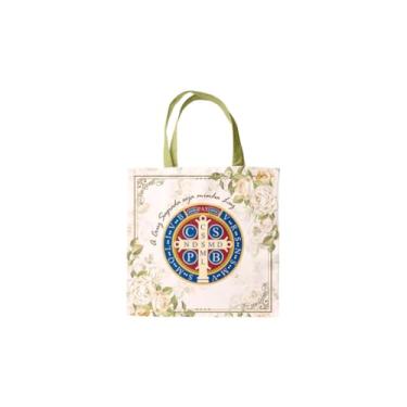 Imagem de Bolsa Sacola Ecobag Tecido Oxford Com Entretela Estampa Sublimada Medalha De São Bento Floral