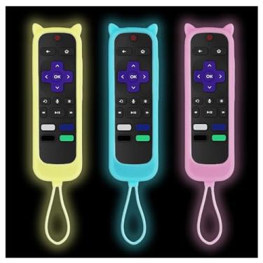 Imagem de Taiyiluo 3 peças de capa para controle remoto Onn Roku com design de orelhas de gato, capa de controle remoto que brilha no escuro compatível com Express Steaming Stick Hisense TCL Roku TV