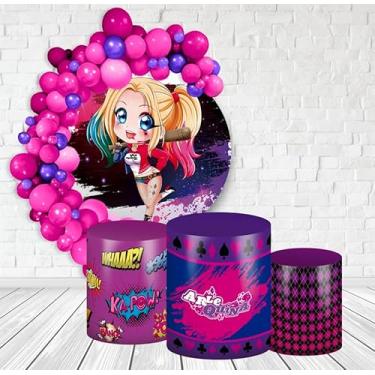 Imagem de Kit Decoração Festa de Aniversário Master Painel Redondo 1,50 + Trio de Capas de Cilindro Arlequina Cute