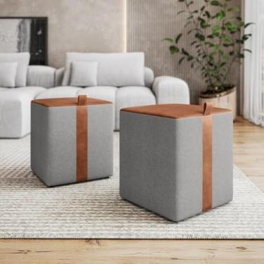 Imagem de KIT-2 Banqueta Quadrada Puff closet Em Couro Caramelo Linho Cinza Premium