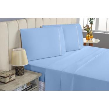 Imagem de Jogo de Lençol QUEEN 4 Peças 100% Algodão 200 Fios PONTO PALITO Lençol Com Elastico Lençol e Fronha Lençol de Cima (AZUL, QUEEN 4 PEÇAS)