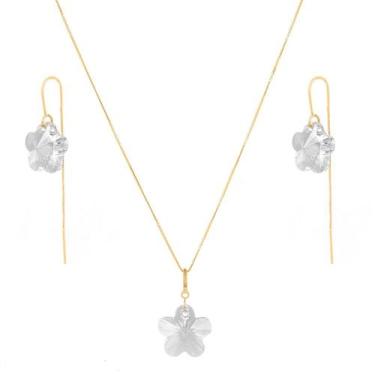 Imagem de Conjunto Colar 40cm Flor Cristal Pingente Brincos Ouro 18k - DR Joias,