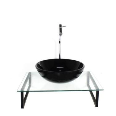 Imagem de Kit cuba de vidro redonda 10mm preta tampo 50cm incolor com suporte to