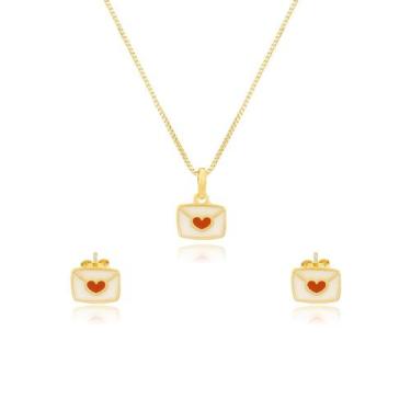 Imagem de Conjunto Infantil Carta Correio Elegante Resina Folheado Ouro 18K - 27