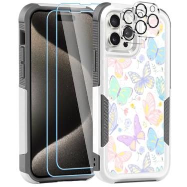 Imagem de LOQUPE [Capa 5 em 1 para iPhone 15 Pro Max, com 2 protetores de tela + 2 protetores de lente de câmera, capa protetora resistente, resistente, leve, fina, à prova de choque para mulheres, borboleta