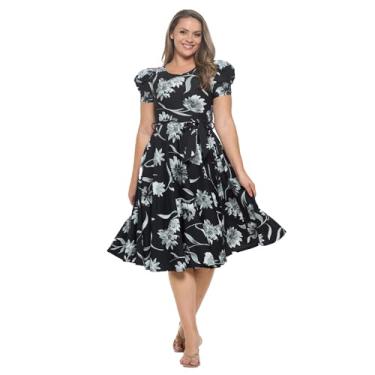 Imagem de Stylish FABRIC Vestidos femininos de manga curta bufante midi coquetel flare chá festa, formal e casual, Preto, cinza, 1X-2X