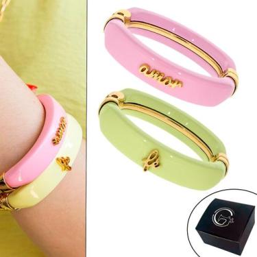 Imagem de Kit 02 Braceletes AMOR e FÉ Resina Verde e Rosa 78mm Banhado a Ouro - 