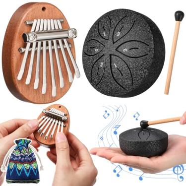 Imagem de Maasechs 2 mini instrumentos musicais mini kalimba e bateria de chuva com baqueta, piano de polegar de dedo de 8 teclas e 6 notas de tambor de aço para presente adulto iniciantes (preto)