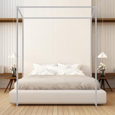 Imagem de JENCEAILL Moldura de cama de dossel, moldura de metal espesso de aço inoxidável tamanho queen com design de 4 cantos, resistente para cama de metal de madeira para decoração de quarto (Queen)