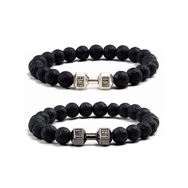 Imagem de Harlermoon Pulseira de ginástica com halteres para homens e mulheres, pedra vulcânica, ajustável, pulseira de contas de pedra natural, fitness, yoga, halteres, joias presentes para homens e mulheres,