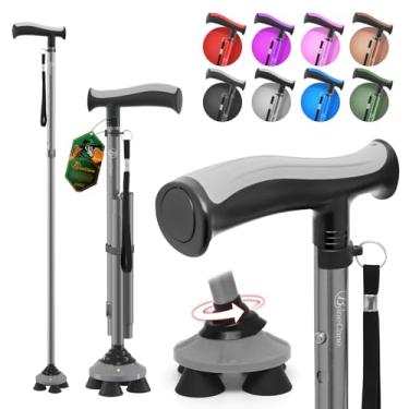 Imagem de BeneCane Bengala para homens e mulheres Bengalas para idosos Canas dobráveis Quad Cane ajustável, leve, resistente, sem pé, resistente, com alça em T macia e bolsa de viagem (cinza geek)