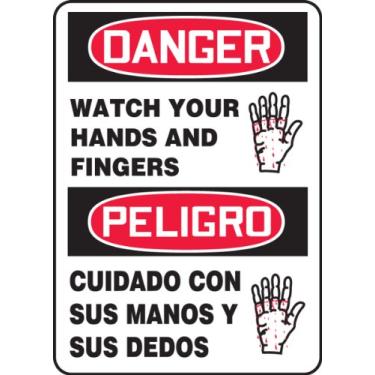 Imagem de Accuform Sinais SBMEQM030VS placa bilíngue espanhol de vinil, lenda "DANGER WATCH YOUR Hands AND DINGERS/PELIGRO CUIDADO CON SUS MANOS Y SUS DEDOS" com gráfico, 35,5 cm de comprimento x 25,4 cm de largura x 0,0 cm de espessura, vermelho/preto no branco