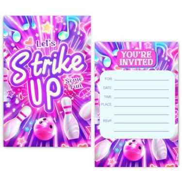 Imagem de XIAOPNN Convite de festa de aniversário de boliche neon para meninas, suprimentos de festa de aniversário infantil, Let's Strike Up, 30 cartões com 30 envelopes