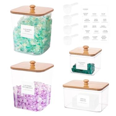 Imagem de Pacote com 4 recipientes de cápsulas de lavanderia, suporte de lençol transparente para secadora e organização de lavanderia com tampas, colheres e etiquetas para sabão em pó, bolas de secador, contas