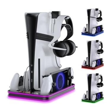 Imagem de Suporte e estação de resfriamento para PS5/PS5 Slim/PS5 Pro com acessórios de base de carregamento para controlador de LED RGB, carregador para controle PlayStation 5 e fone de ouvido e controle
