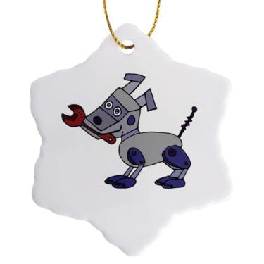 Imagem de 3dRose Ornamento de floco de neve - Cachorro robô divertido legal com chave inglesa em sua boca - 7,6 cm (ORN_243479_1)
