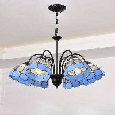 Imagem de DOPZNJWF Lustre estilo Tiffany de 5 luzes com cúpula de vitral, luminária pendente vintage, luminária de teto moderna para sala de estar, quarto, decoração de hotel