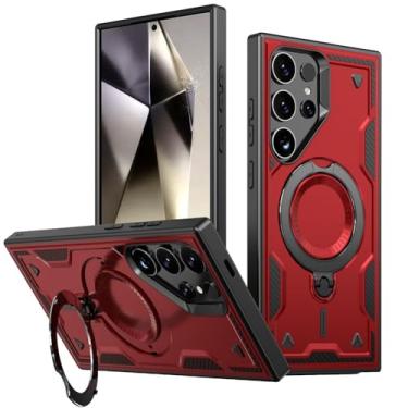 Imagem de POYUFRG Capa à prova de choque para Samsung Galaxy S25 Ultra/S25 Plus/S25, anel giratório, leve, suporte, capa de telefone com sucção magnética de veículos, vermelha, S25 Plus