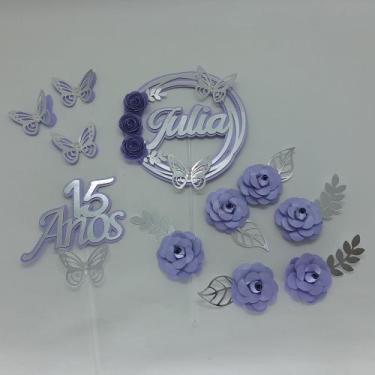 Imagem de Topo de Bolo 15 anos Flores e Borboletas Lilás personalizado - miwl ar