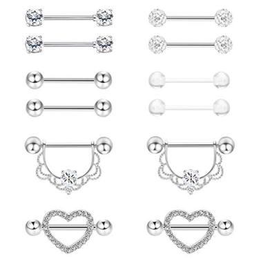 Imagem de Masedy 6 pares 14G 316L aço inoxidável mamilos língua anéis femininos CZ barra piercing corporal joias, Metal