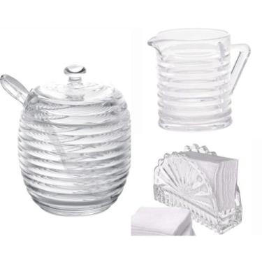 Imagem de Kit Leiteira Açucareiro Porta Guardanapos de Vidro Colméia 3 Peças - L