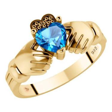 Imagem de Anel Claddagh Irlandês Prata 925 Dourada 18k - Topázio Azul - Tudo Pra