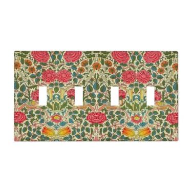 Imagem de William Morris Capa de interruptor de luz floral com interruptor quádruplo vintage tulipa flor planta pássaro 4 gangues placa de parede decorativa capas elétricas para quarto e sala de estar