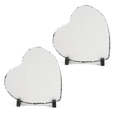 Imagem de OKBA Pacote Com 2 Peças De Ardósia Para Sublimação, 7,5 X 7,5 Polegadas, Coração, Pedra Personalizada, Ardósia, Moldura, Transferência De Calor, Placa De Foto De Rocha Com Suporte De Exibição, Decor