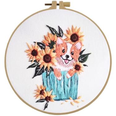 Imagem de Esffaci Kit de bordado para iniciantes adultos com estampa de girassol de cachorro, conjunto de bordado à mão com pano de bordado, argola, passador de agulha, fio dental e instruções (sem garantia de