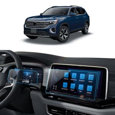 Imagem de LANTU 2 peças de protetor de tela de carro para Atlas/Atlas Cross Sport V Olkswagen Atlas 2024 Acessórios de navegação e painel protetor de tela sensível ao toque filme vidro temperado HD transparente