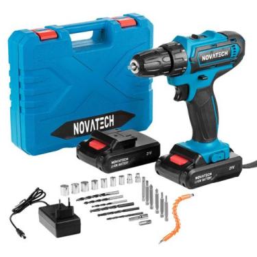Imagem de Parafusadeira Furadeira Sem Fio Bateria 21v E Kit 24 Peças - Novatech