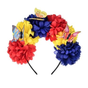Imagem de Delicate Dew Day of The Dead Flower Headband dia de los muertos costume Halloween Headpiece (Red Yellow Blue Butterfly)
