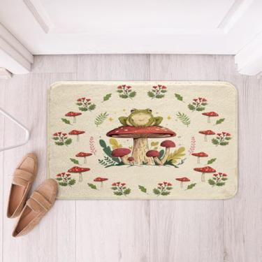 Imagem de Feelyou Tapetes de banho com estampa de sapo para decoração de banheiro infantil - design botânico de cogumelo fofo, bege e vermelho, 41 x 61 cm