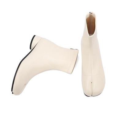 Imagem de Cuctos Botas femininas Tabi, bico dividido, cano baixo, salto baixo, botas de couro artificial, Bege, 41