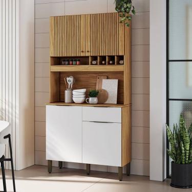 Imagem de Cozinha Compacta 101,60 Cm com 4 Portas 1 Gaveta e Mini Adega 100% Mdf Croácia Espresso Móveis Amêndoa/Branco